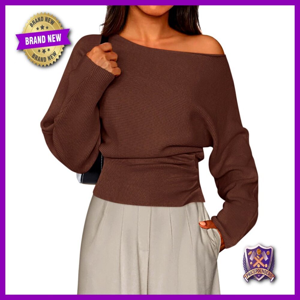 Off Shoulder Batwing Sleeve Pullover Sweater Ribbed Knit Ruched Waist